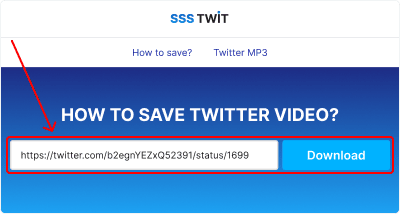 เข้าชมเว็บไซต์ดาวน์โหลดวิดีโอ ssstwit วาง URL ของทวีตลงในฟอร์มที่ด้านบนของหน้าแล้วคลิกปุ่ม "ดาวน์โหลด"